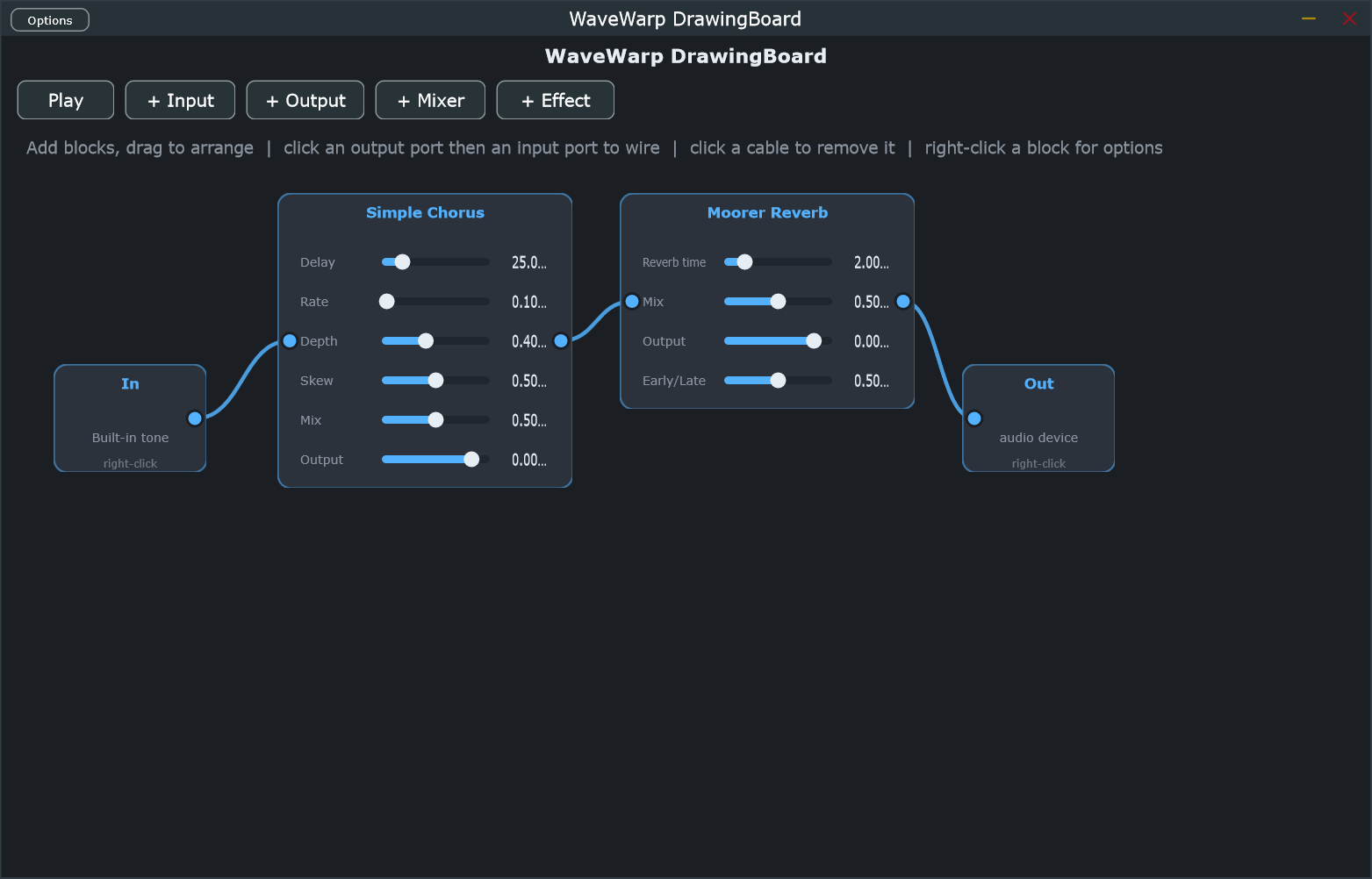 A WaveWarp desktop board: input into chorus and reverb, out to the audio device